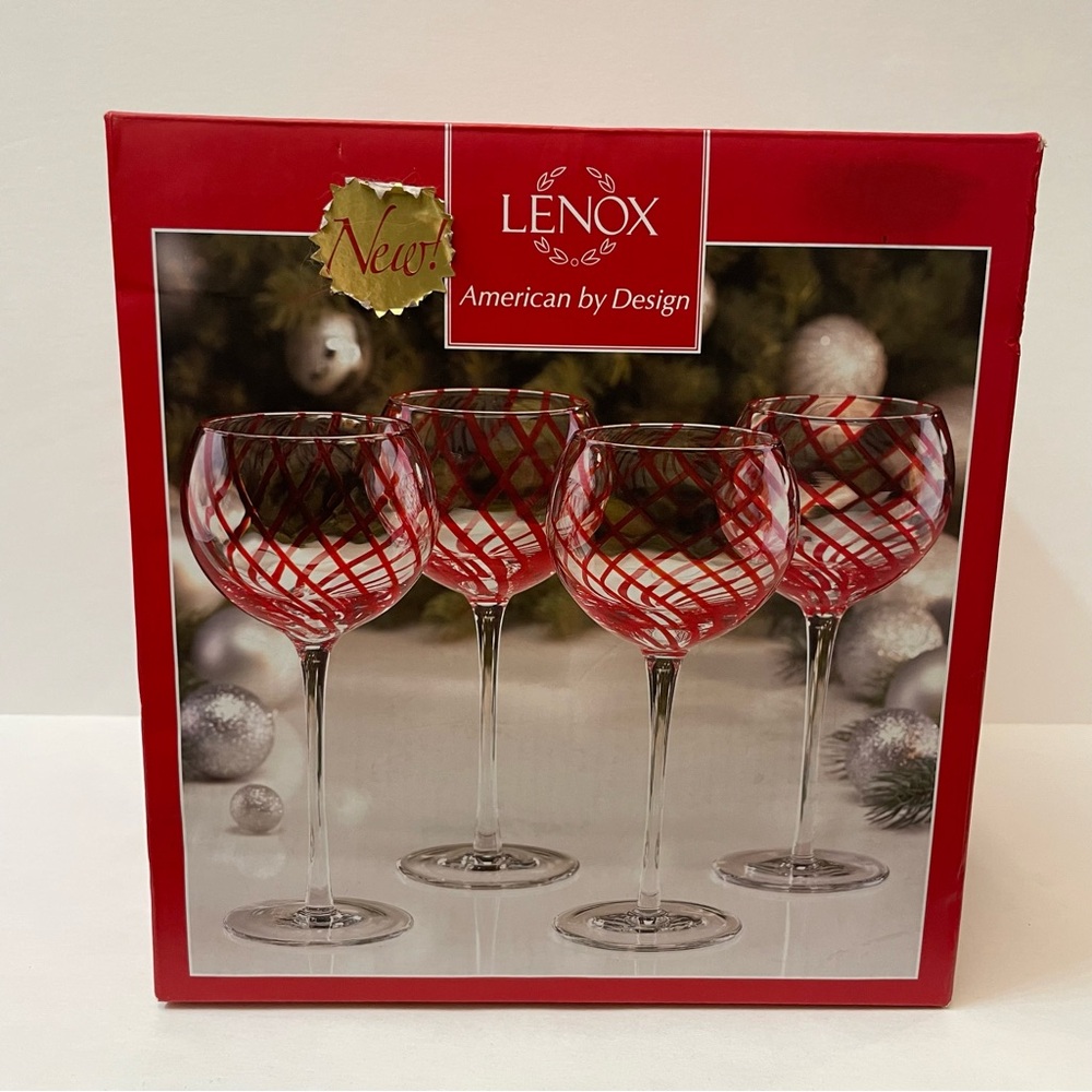 Lenox Red Striped Holiday Jewel Balloon Wine Glasses Set of 4